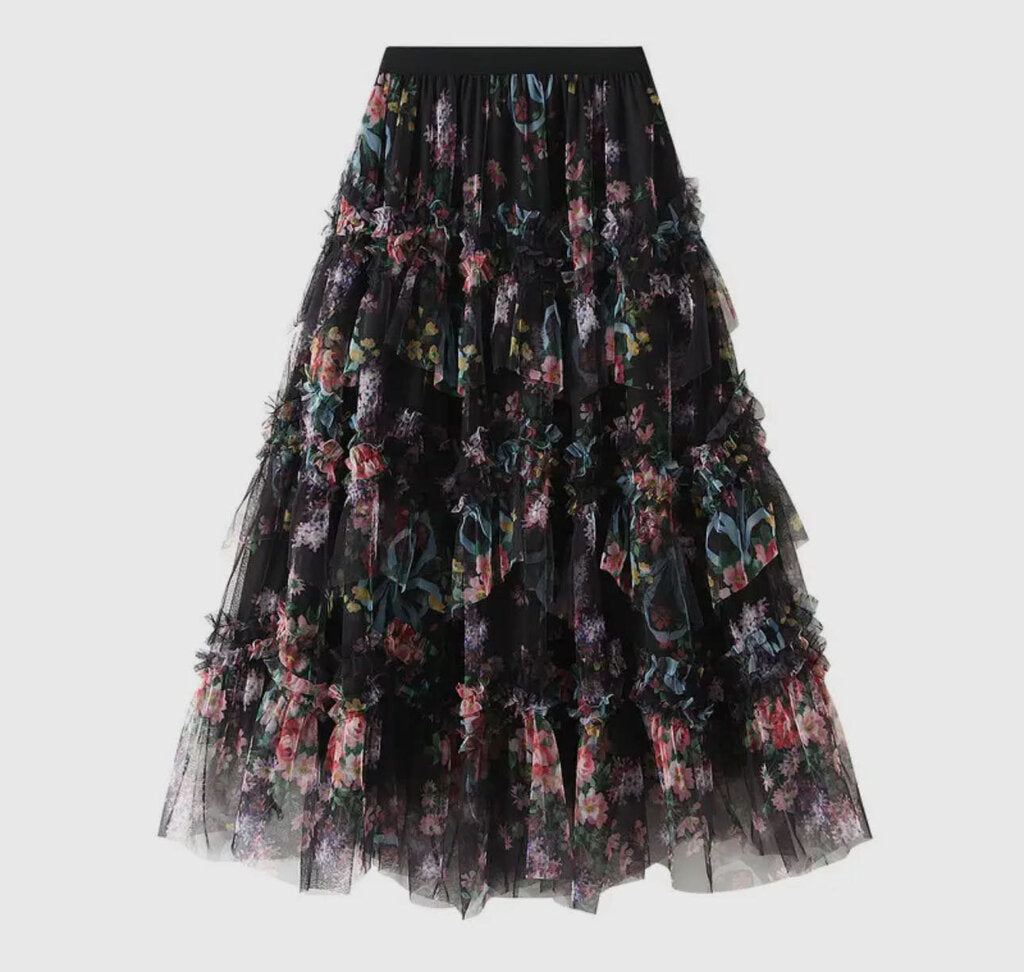 Black Floral Tulle Skirt